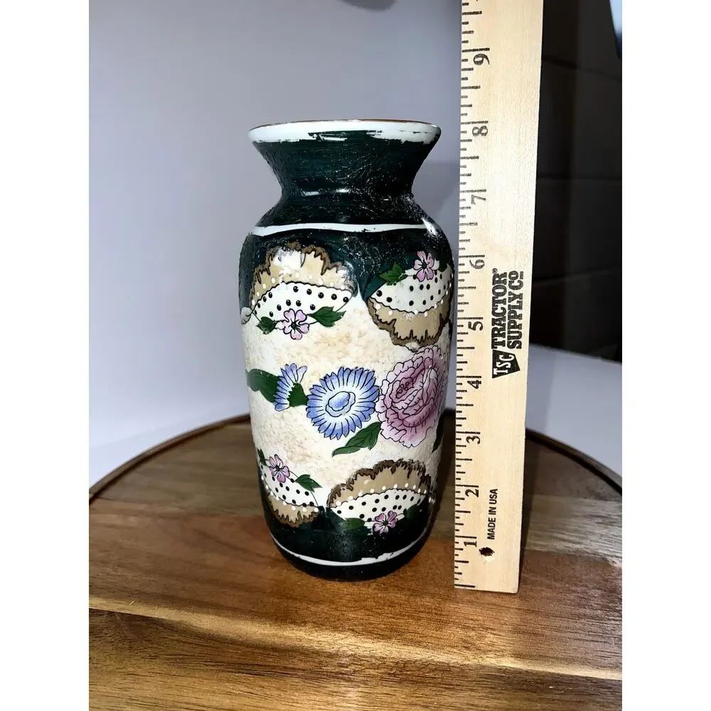 Vintage Floral Vase Ceramic Dark Green Floral Design‎ Home Decor Accent